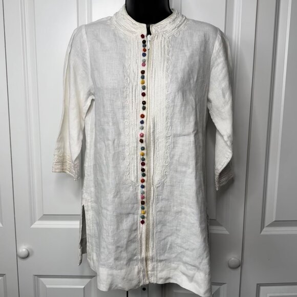 Soft Surroundings Tunic Top Womens XSP Linen Embroidered Zip Up Rainbow Button - Picture 1 of 14
